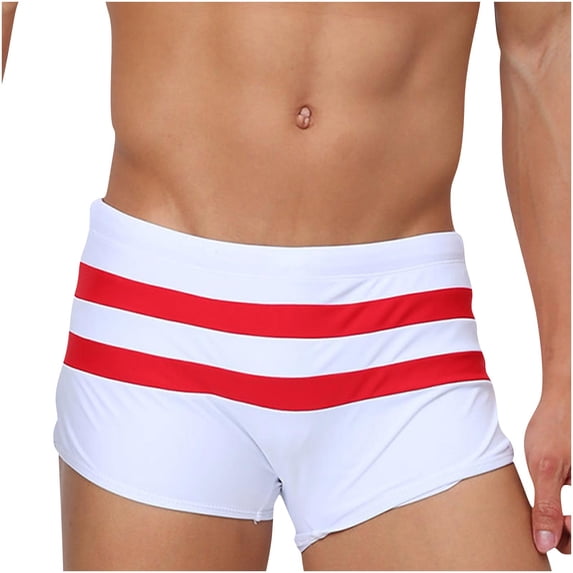 QTBIUQ Mens Swim Trunks Low Waist Square Leg Quick Dry Breathable Color Block Stripe Shorts for Swimming Beach Shorts