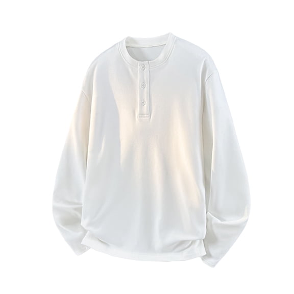 QTBIUQ Mens Thermal Shirt Long Sleeve Base Layer Round Neck Button Down Casual Warm Solid Color Shirt White