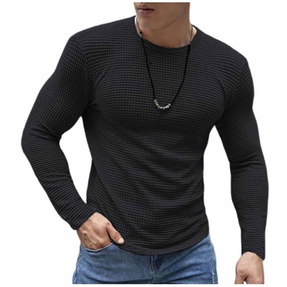 QTBIUQ Mens Tops Pullover Long Sleeve Solid Color Waffle Crew Neck Casual Top for Spring Black