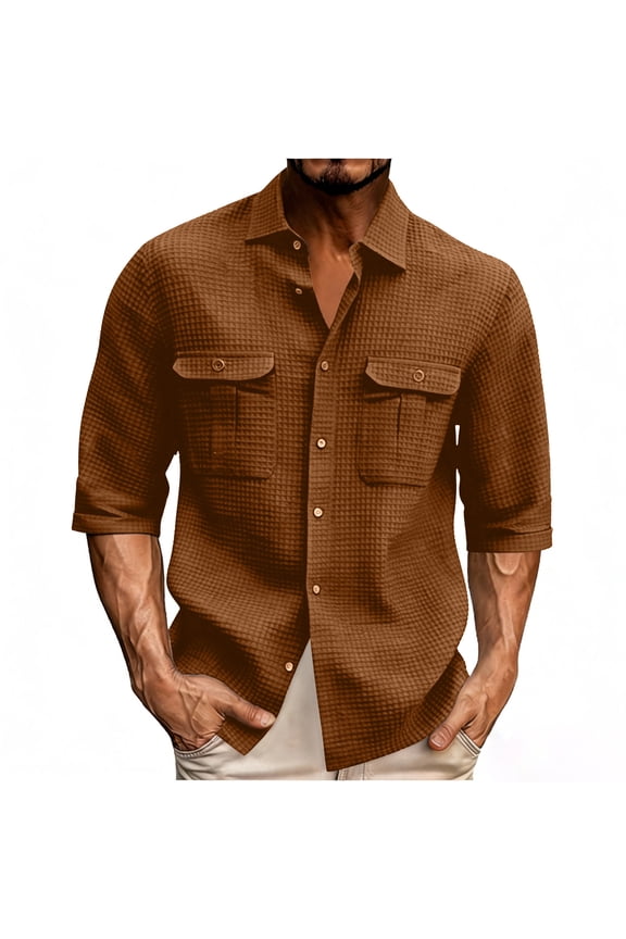 Mens Waffle Button Down Shirts Jackets Casual Half Sleeve Shacket Lightweight Overshirts with Pockets Khaki