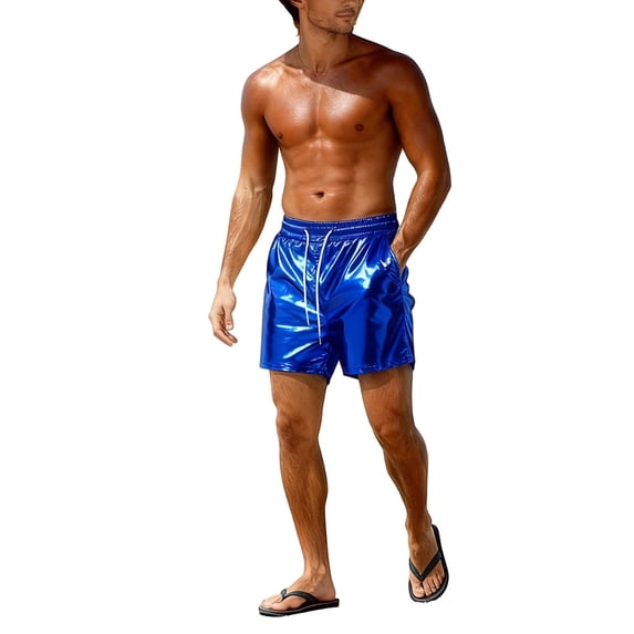 QTBIUQ Shiny Shorts for Men Swim Trunks with Drawstring Pockets Casual Wear Beach Vacation Shorts