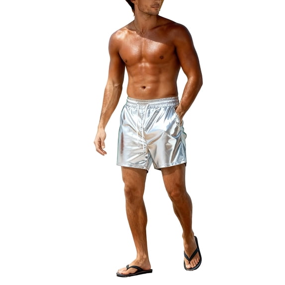 QTBIUQ Shiny Shorts for Men Swim Trunks with Drawstring Pockets Casual Wear Beach Vacation Shorts