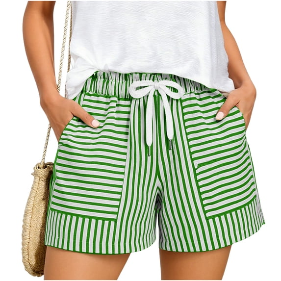 QTBIUQ Striped Shorts for Women Elastic Waist Drawstring Side Pockets Casual Summer Shorts