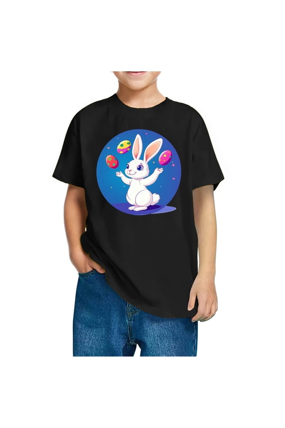 Summer Kids Short Sleeve T-Shirt Toddler Boys Girls Cute Bunny Top Easter Eggs Casual Clothes Suitable for 3-10 Years