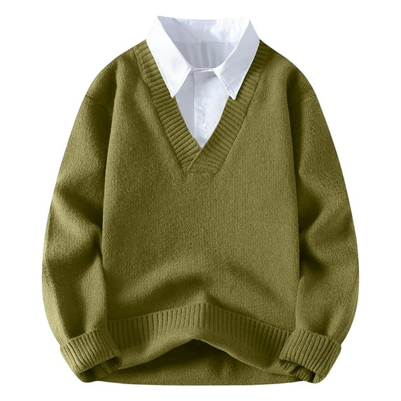 QTBIUQ Sweater Fashionable Mens Long Sleeved Solid Color Fake Two-Piece Casual Knitted Sweater Army Green
