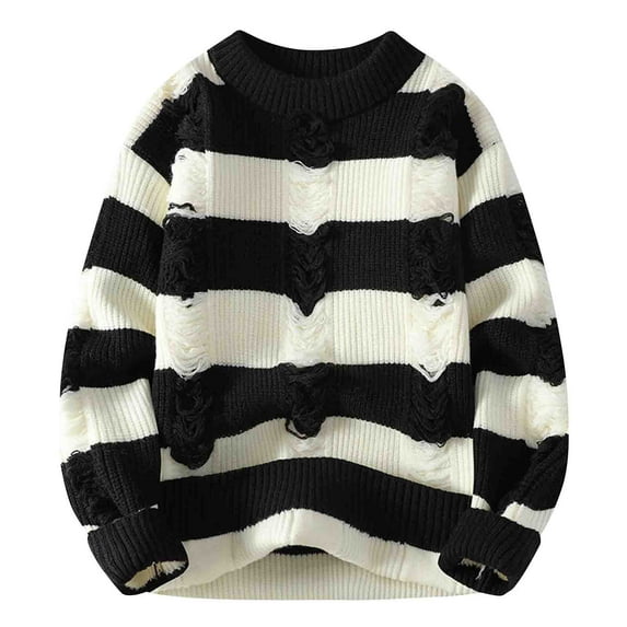 QTBIUQ Sweater Man Leisure Round Neck Stripe Hollow Out Sweater Long Sleeves Sweater Black