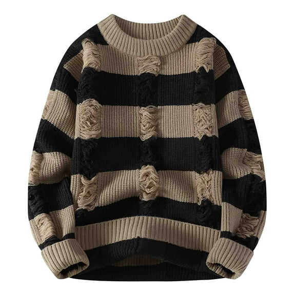 QTBIUQ Sweater Man Leisure Round Neck Stripe Hollow Out Sweater Long Sleeves Sweater Coffee