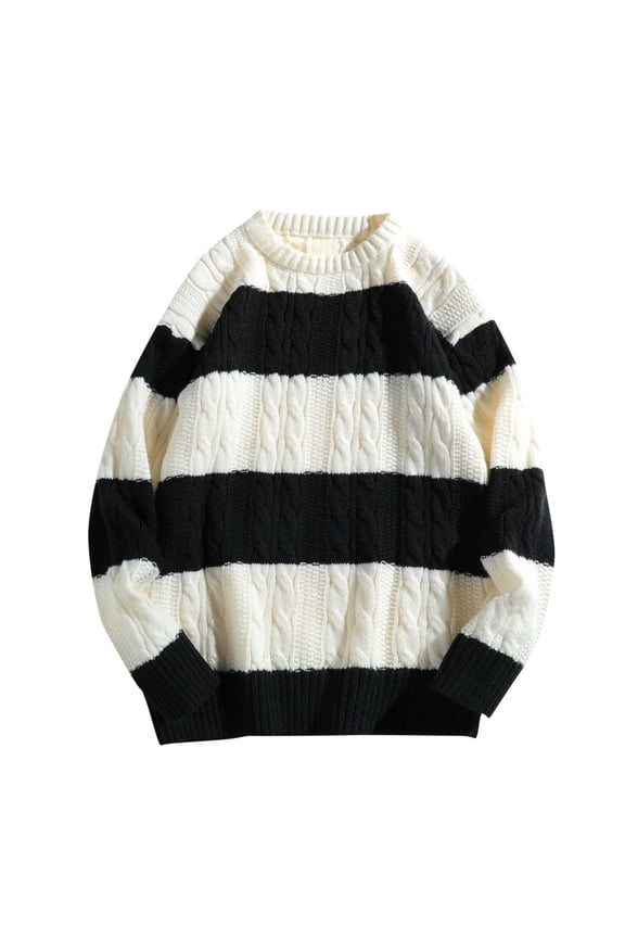 Sweater Man Leisure Round Neck Weave Versatile Stripe Sweater Long Sleeves Sweater Black