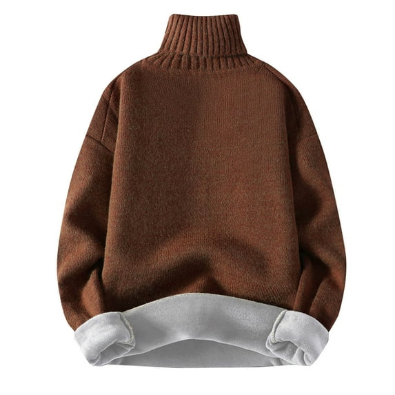 QTBIUQ Sweater Men Casual Solid Thickened Knit Pullover Long Sleeve Turtleneck Sweater Coffee