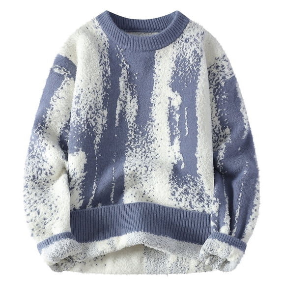 QTBIUQ Sweater Men Fashion Casual Solid Pullover Long Sleeve Round Neck Sweater Blue