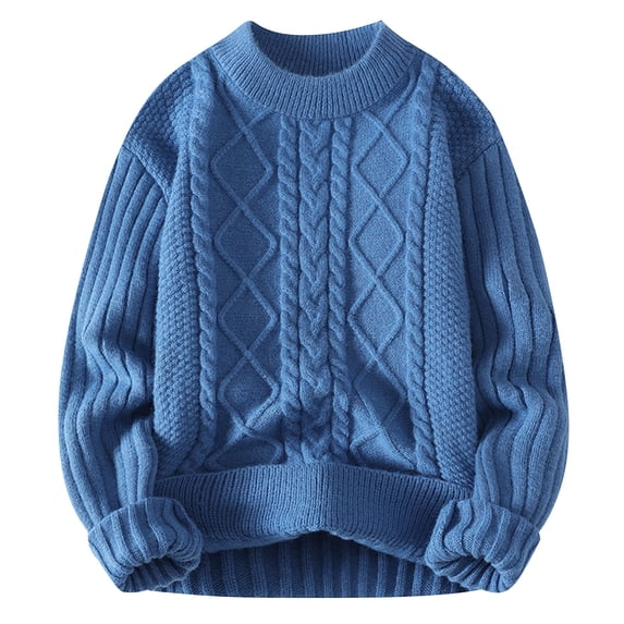 QTBIUQ Sweater Mens Casual Long Sleeve Pullover Solid Kink Round-Neck Warm Sweater Knitwear Top Coat Blue