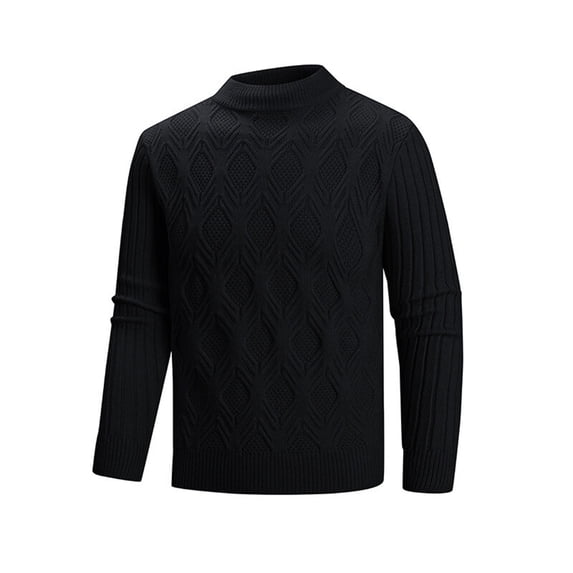 QTBIUQ Sweater Mens Knitwear Mock Turtleneck Vintage Round Neck Solid Color Elastic Pullover Fleecing Texture Trend Sweater Coat Black