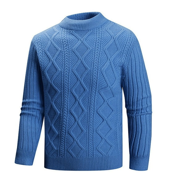 QTBIUQ Sweater Mens Knitwear Mock Turtleneck Vintage Round Neck Solid Color Elastic Pullover Fleecing Texture Trend Sweater Coat Blue