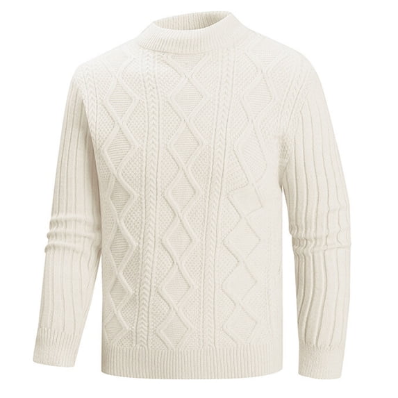 QTBIUQ Sweater Mens Knitwear Mock Turtleneck Vintage Round Neck Solid Color Elastic Pullover Fleecing Texture Trend Sweater Coat White