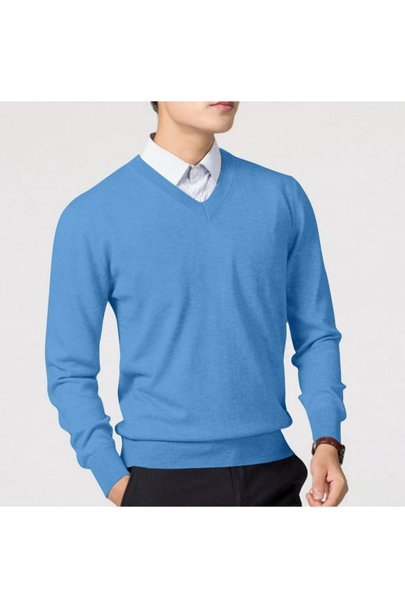 Sweater Mens Winter Casual Fashion Solid Color Texture Long Sleeved V Neck Sweater Blue