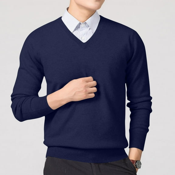 QTBIUQ Sweater Mens Winter Casual Fashion Solid Color Texture Long Sleeved V Neck Sweater Navy