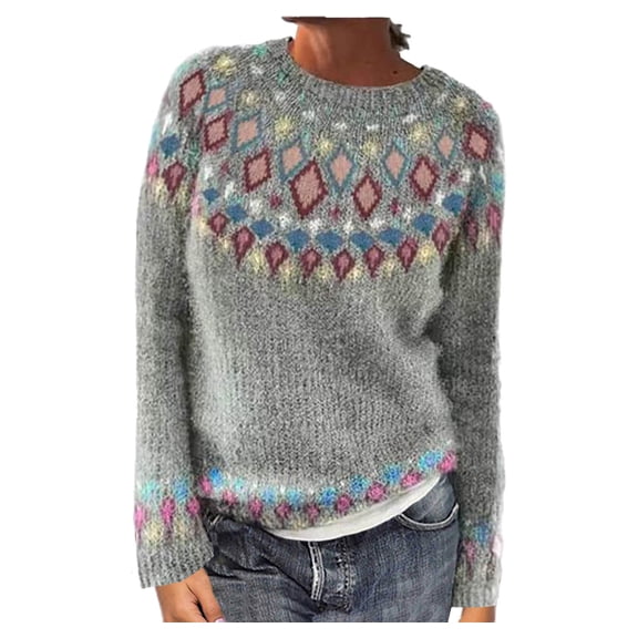 QTBIUQ Sweater Womens Casual Printed Pullover Long Sleeve Round NeckOuterwear Coats Sweaters Gray