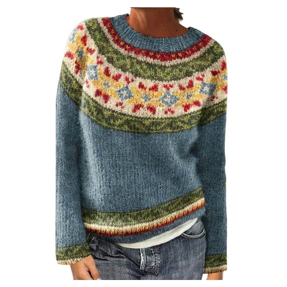 QTBIUQ Sweater Womens Casual Printed Pullover Long Sleeve Round NeckOuterwear Coats Sweaters Light Blue