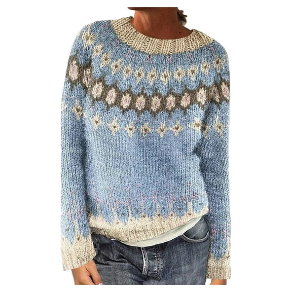 QTBIUQ Sweater Womens Casual Printed Pullover Long Sleeve Round NeckOuterwear Coats Sweaters Light Blue