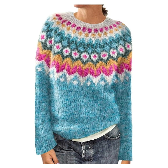 QTBIUQ Sweater Womens Casual Printed Pullover Long Sleeve Round NeckOuterwear Coats Sweaters Light Blue