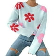 thumbnail image 1 of QTBIUQ Sweater Womens Color Blocked Floral Knit Sweater Loose Long Sleeved Round Neck Pullover Sweater Blue, 1 of 6