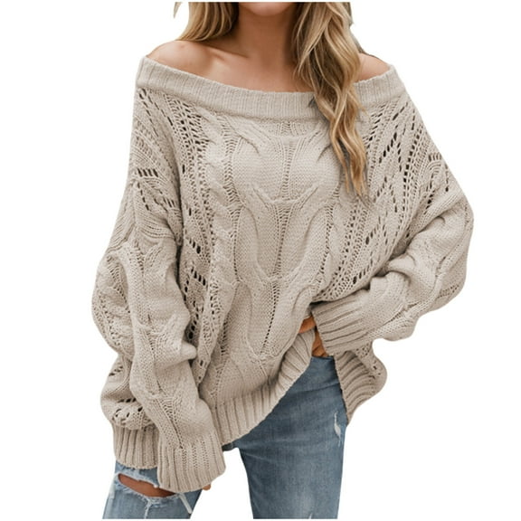 QTBIUQ Sweater Womens Fall and Winter Off-shoulder Loose Sweater Solid Color Line Neck Pullover Sweater Crewneck Sweater Khaki