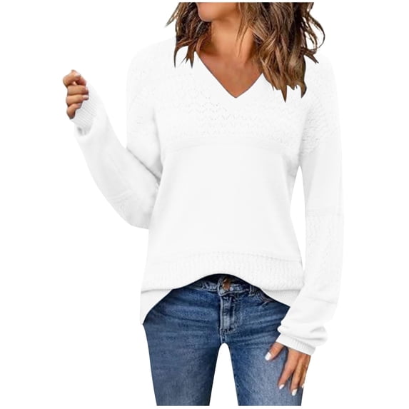 QTBIUQ Sweater Womens Fashion Casual Solid Color Long Sleeve V-Neck Hollow Knit Sweater White