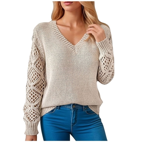 QTBIUQ Sweater Womens Fashion Casual Winter Leisure Hollow-Out Long Sleeve Hook Loose V-Neck Bottom Knit Sweater Gray