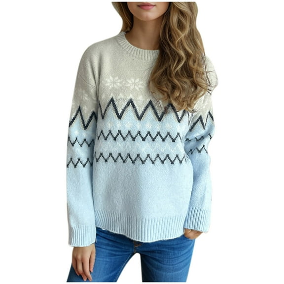 QTBIUQ Sweater Womens Fashion Fall Winter Knitted Loose Long Sleeve Blouse Round-Neck Pullover Sweater Blue