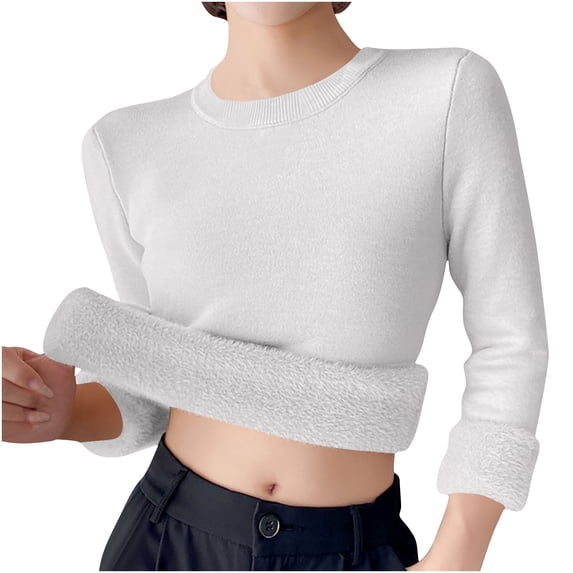 QTBIUQ Sweater Womens Fleece Long-sleeved Crew Neck Pullover Solid Color Base White