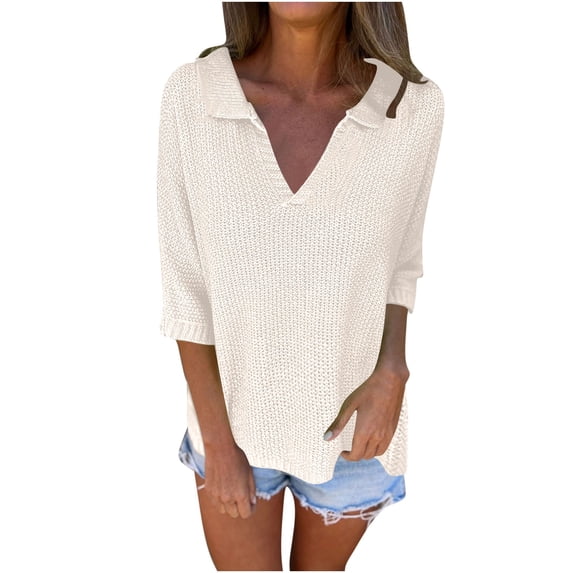 QTBIUQ Sweater Womens Long Sleeve V-neck Pullover Solid Color Casual Sweater Beige