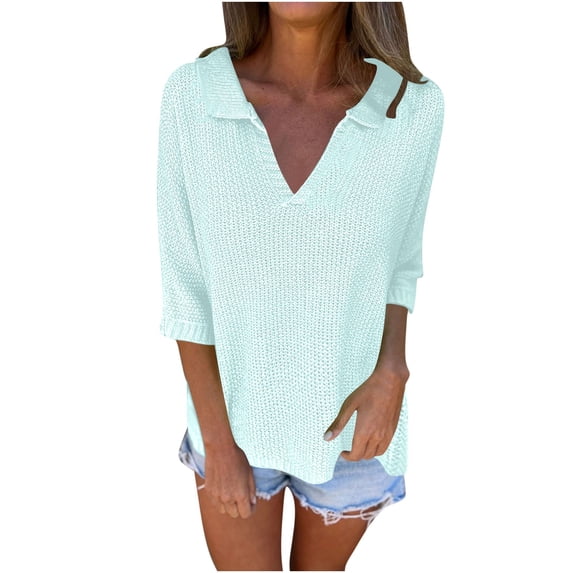 QTBIUQ Sweater Womens Long Sleeve V-neck Pullover Solid Color Casual Sweater Blue