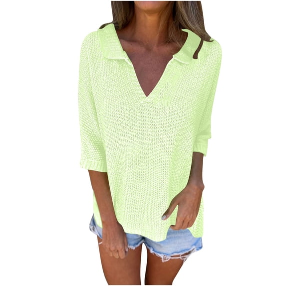 QTBIUQ Sweater Womens Long Sleeve V-neck Pullover Solid Color Casual Sweater Green