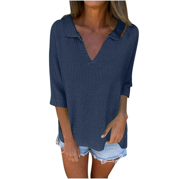 QTBIUQ Sweater Womens Long Sleeve V-neck Pullover Solid Color Casual Sweater Navy
