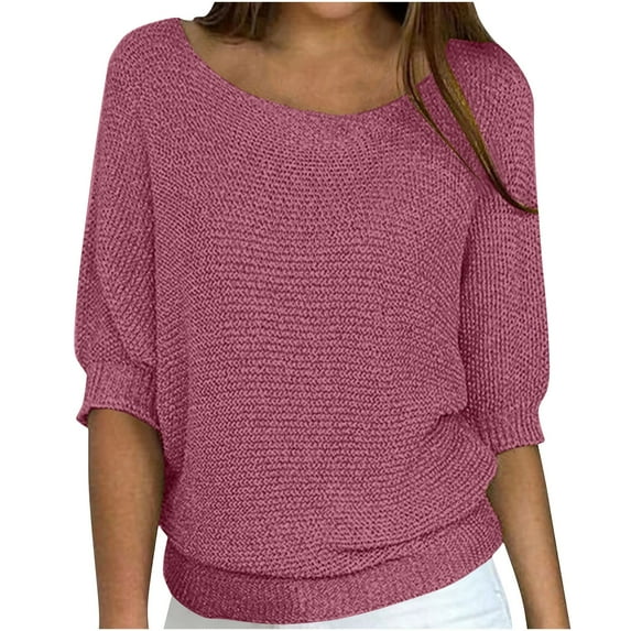QTBIUQ Sweater Womens Solid Color Round Neck Pullover Half Sleeve Loose Casual Sweater Pink
