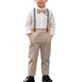 thumbnail image 1 of QTBIUQ Toddler Boys Three-Piece Suit Set Cotton Turn-Down Collar Shirt and Suspender Pants Formal Outfit Set with Bow Tie, 1 of 9