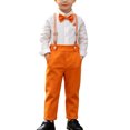 thumbnail image 1 of QTBIUQ Toddler Boys Three-Piece Suit Set Cotton Turn-Down Collar Shirt and Suspender Pants Formal Outfit Set with Bow Tie, 1 of 9