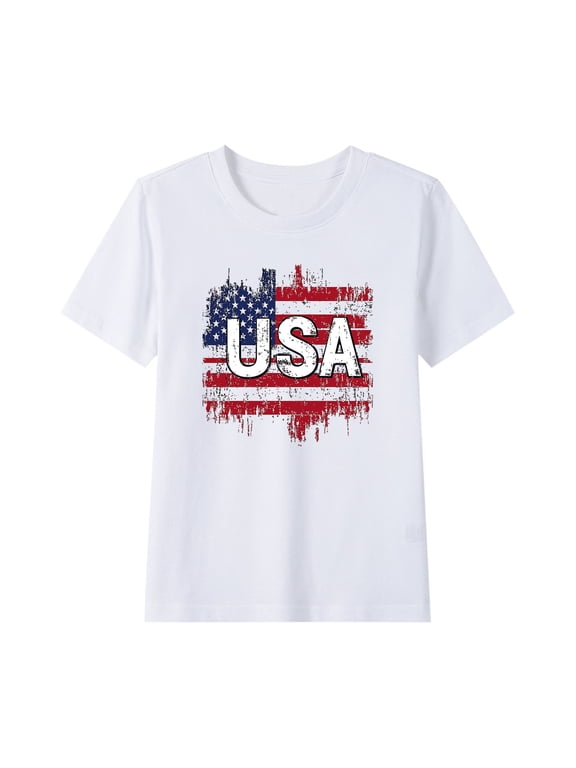 Toddler USA Flag Patriotic T-Shirts Boys Girls 4th July Kids Summer Tee Comfortable 2-15 Years