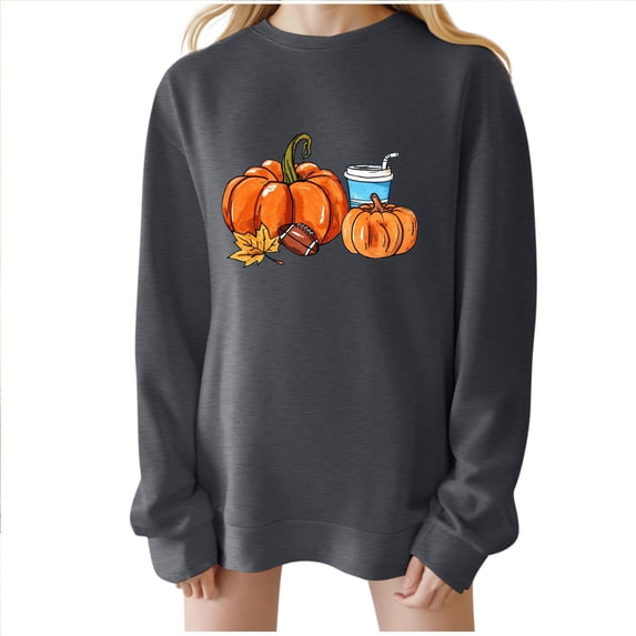 QTBIUQ Women Casual Loose Thanksgiving-Print Round-Neck Drop-Shoulder Long-Sleeved Sweater Top Gray