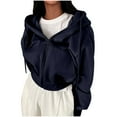 thumbnail image 1 of QTBIUQ Women Casual Solid Color Hooded Zipper Pocket Long Sleeved Sweater Jacket Navy, 1 of 5