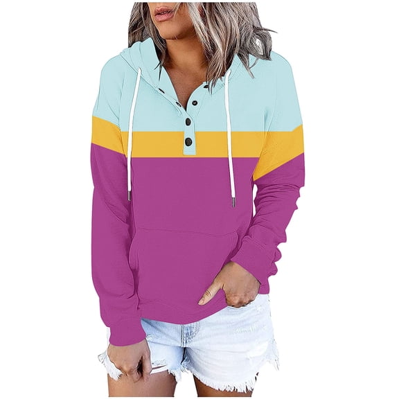 QTBIUQ Women Contrasting Button Hat Rope Hooded Pocket Pullover Fashionable Sweatshirts Purple