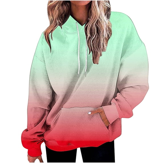 QTBIUQ Women Fall and Winter Gradient Print Hooded Sweatshirt Long Top Long Sleeved Pocket Green