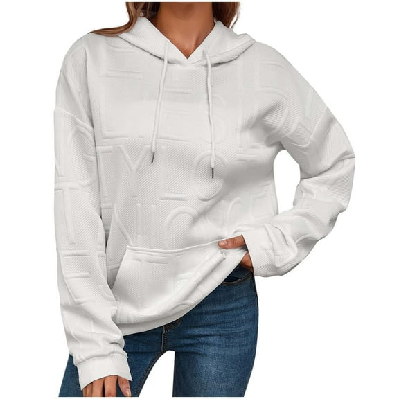 QTBIUQ Women Fashion Casual Letter Loose Pullover Long Sleeve Hooded Sweater Top White
