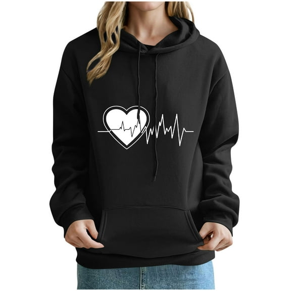 QTBIUQ Women Fashion Casual Loose Printed off Shoulder Sleeves Long Sleeved Hooded Sweatshirt Top Black