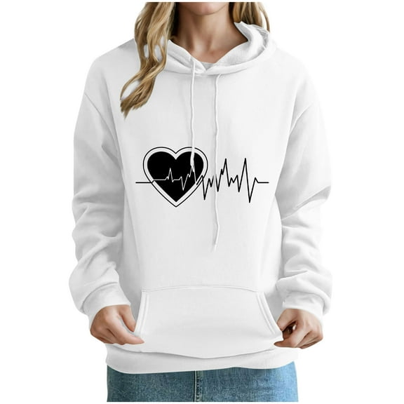 QTBIUQ Women Fashion Casual Loose Printed off Shoulder Sleeves Long Sleeved Hooded Sweatshirt Top White