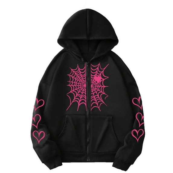 QTBIUQ Women Fashion Casual Printed Ladies Long Sleeve Tops Zip Blouse Hooded Sweatshirts Coat Black