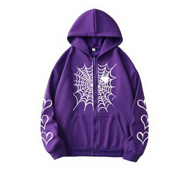 QTBIUQ Women Fashion Casual Printed Ladies Long Sleeve Tops Zip Blouse Hooded Sweatshirts Coat Purple