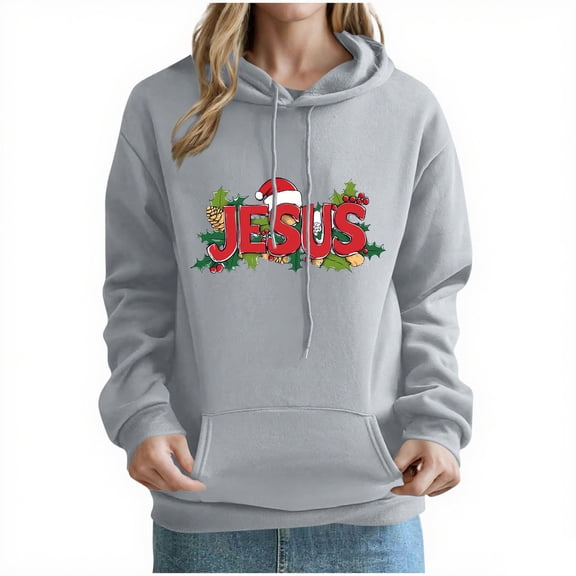QTBIUQ Women Fashion Christmas Print Pocket Shoulder Sleeves Long Sleeved Top Hooded Sweatshirt Gray