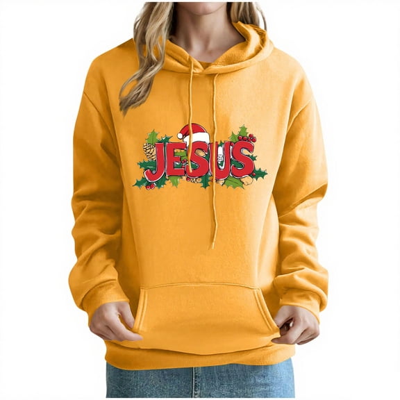 QTBIUQ Women Fashion Christmas Print Pocket Shoulder Sleeves Long Sleeved Top Hooded Sweatshirt Orange