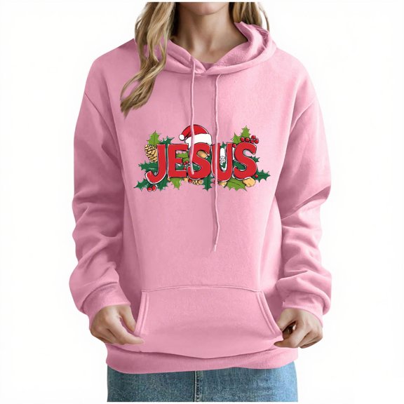 QTBIUQ Women Fashion Christmas Print Pocket Shoulder Sleeves Long Sleeved Top Hooded Sweatshirt Pink